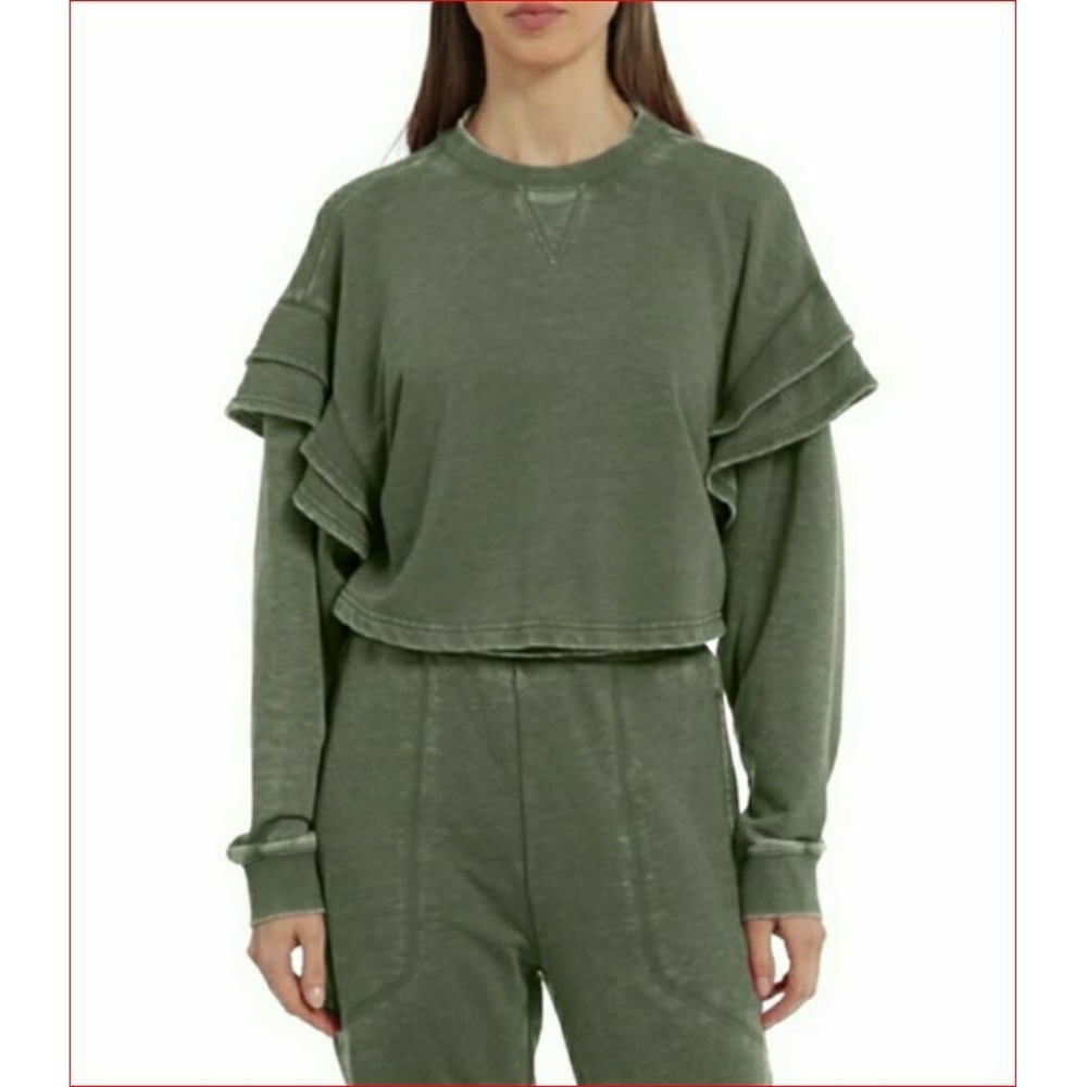 7 For All Mankind Women Ruffle Sweatshirt Pullover 68929 Olive Green L